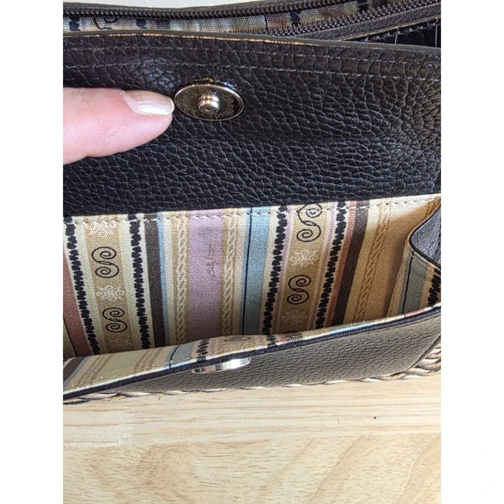 Brighton Edna Brown Braided Leather Woven Straw Shoulder Bag‎ Logo Beach Picnic